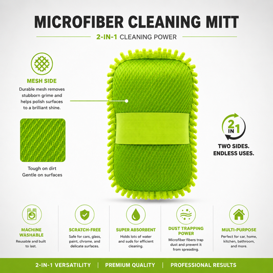 UltraSoft Microfibre Dusting Mitt dual-sided cleaning pad featuring mesh polishing side and microfibre dusting side for multi-surface household and automotive cleaning.