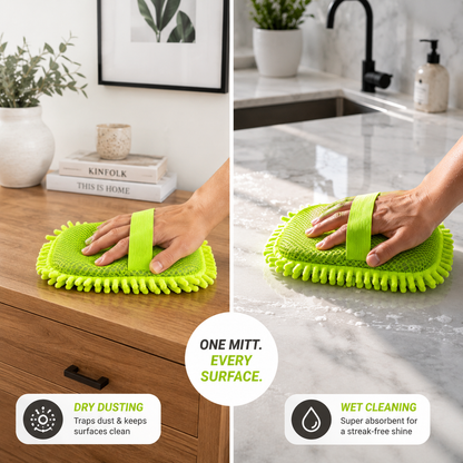 UltraSoft Microfibre Dusting Mitt used for dry dusting wooden furniture and wet cleaning marble countertops, dual-purpose microfibre cleaning pad for home surfaces.
