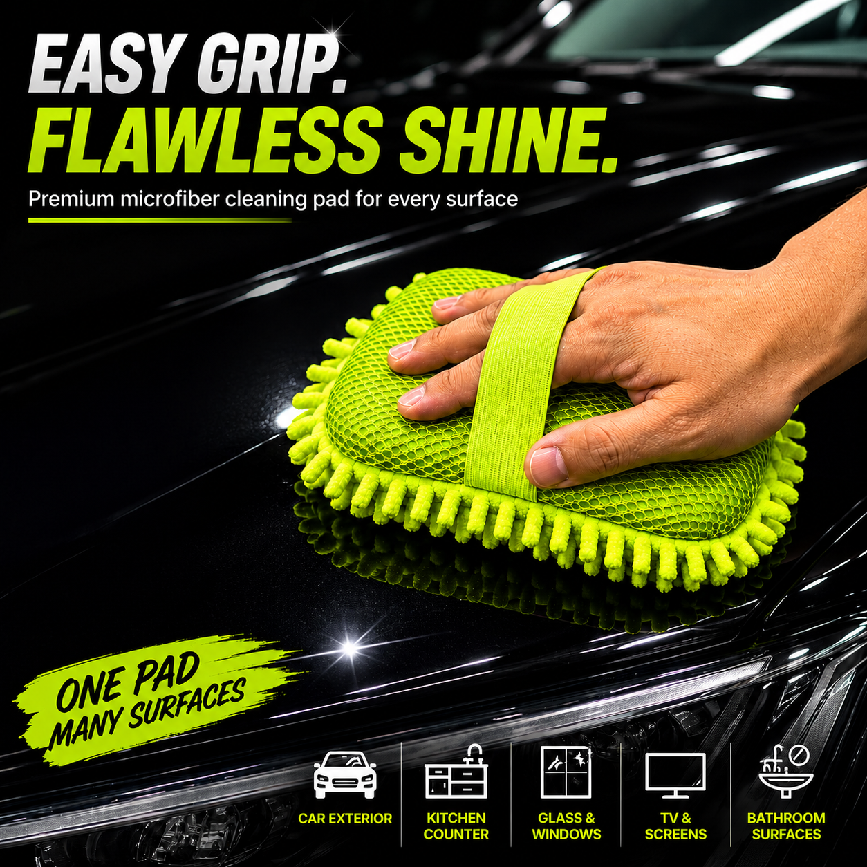 UltraSoft Microfibre Dusting Mitt cleaning a glossy black car surface, reusable microfibre cleaning pad for car detailing, glass, kitchen, bathroom and household cleaning.