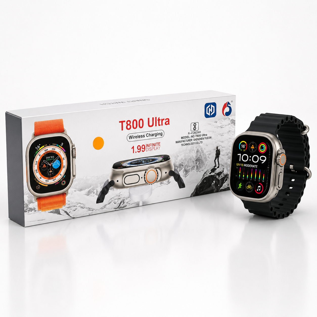 Ultra-style 49mm smartwatch with a space gray aluminium case and black silicone strap displayed beside its retail packaging on a clean white background. Features a large edge-to-edge display, orange-accent digital crown, side action button, wireless charging support and premium modern design.