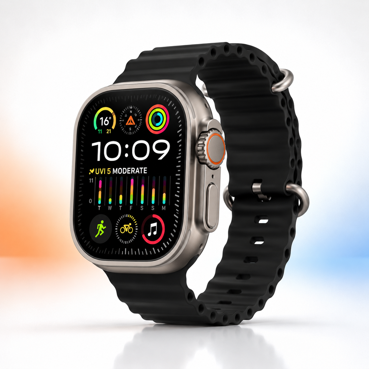 Premium 49mm smartwatch with a large 1.99-inch edge-to-edge display, space gray aluminium body, orange-accent digital crown, black silicone sport strap and modern Ultra-inspired rugged design