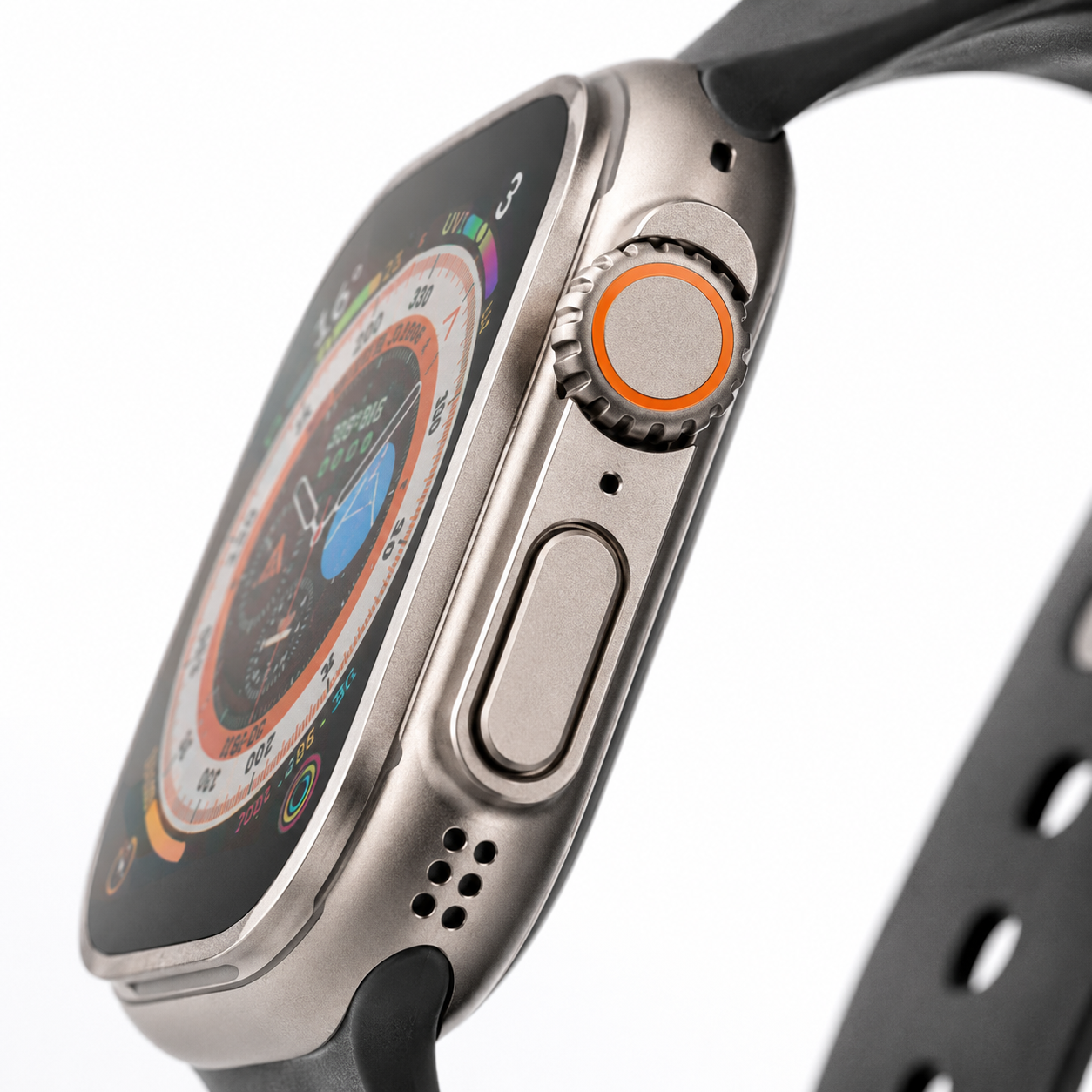 Close-up side view of a 49mm smartwatch showcasing the precision digital crown with orange accent ring, programmable side action button, built-in microphone openings, durable space gray aluminium case and premium black silicone strap.