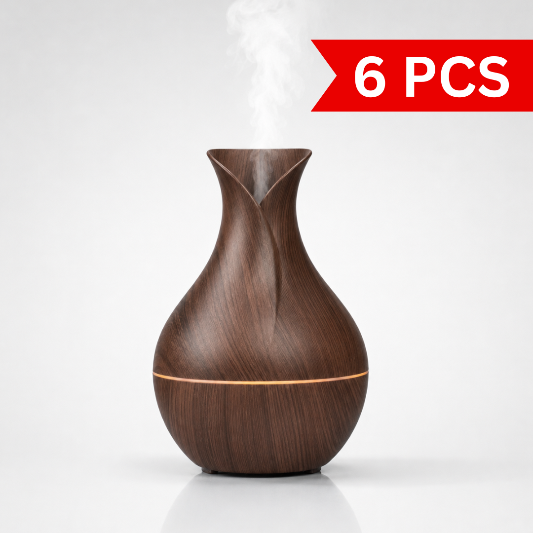 Dark wood-grain ultrasonic aroma humidifier producing cool mist with ambient LED light, USB-powered design, ideal for bedrooms, offices, and home décor.