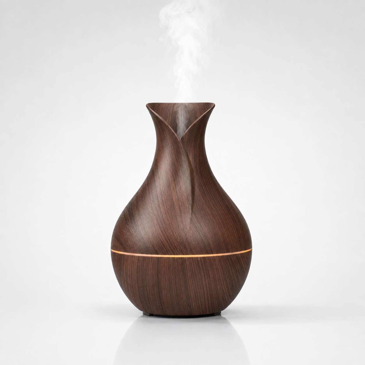 Dark wood-grain ultrasonic aroma humidifier producing cool mist with ambient LED light, USB-powered design, ideal for bedrooms, offices, and home décor.