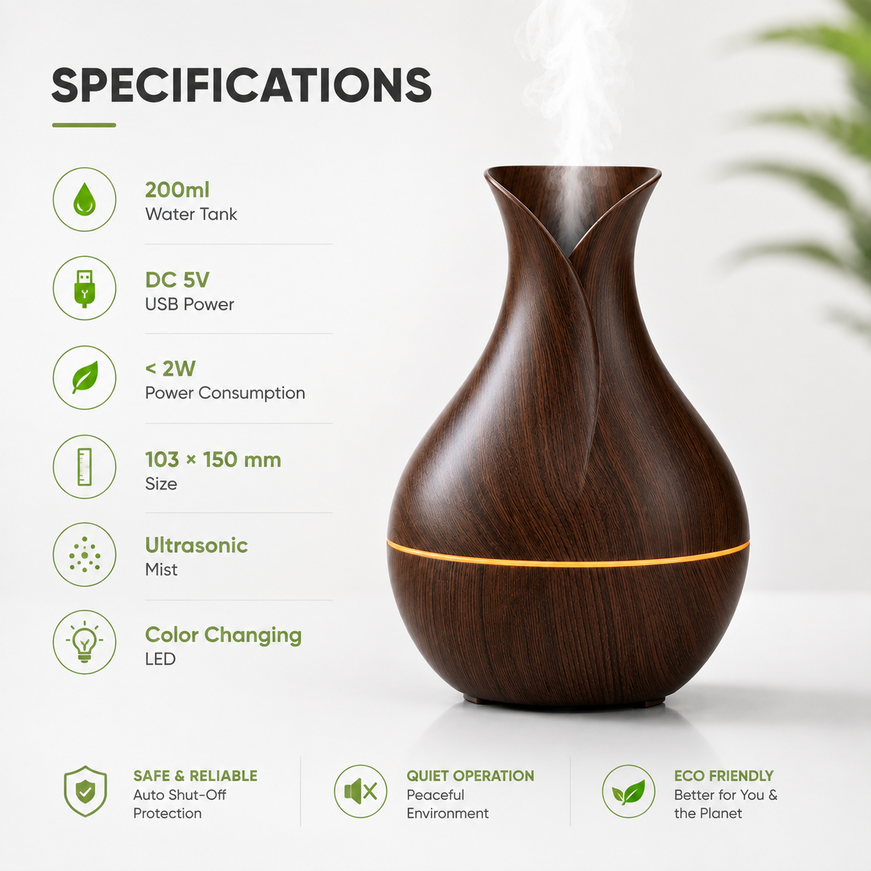 Ultrasonic aroma humidifier with wood-grain finish, 200ml water tank, USB-powered DC 5V operation, ultrasonic cool mist technology, color-changing LED light, quiet operation, auto shut-off protection, and energy-efficient design.