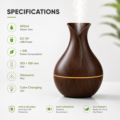 Ultrasonic aroma humidifier with wood-grain finish, 200ml water tank, USB-powered DC 5V operation, ultrasonic cool mist technology, color-changing LED light, quiet operation, auto shut-off protection, and energy-efficient design.