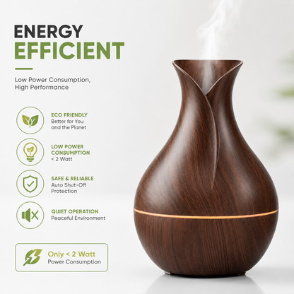 Energy-efficient ultrasonic aroma humidifier with less than 2W power consumption, USB-powered operation, quiet performance, auto shut-off protection, and eco-friendly design.