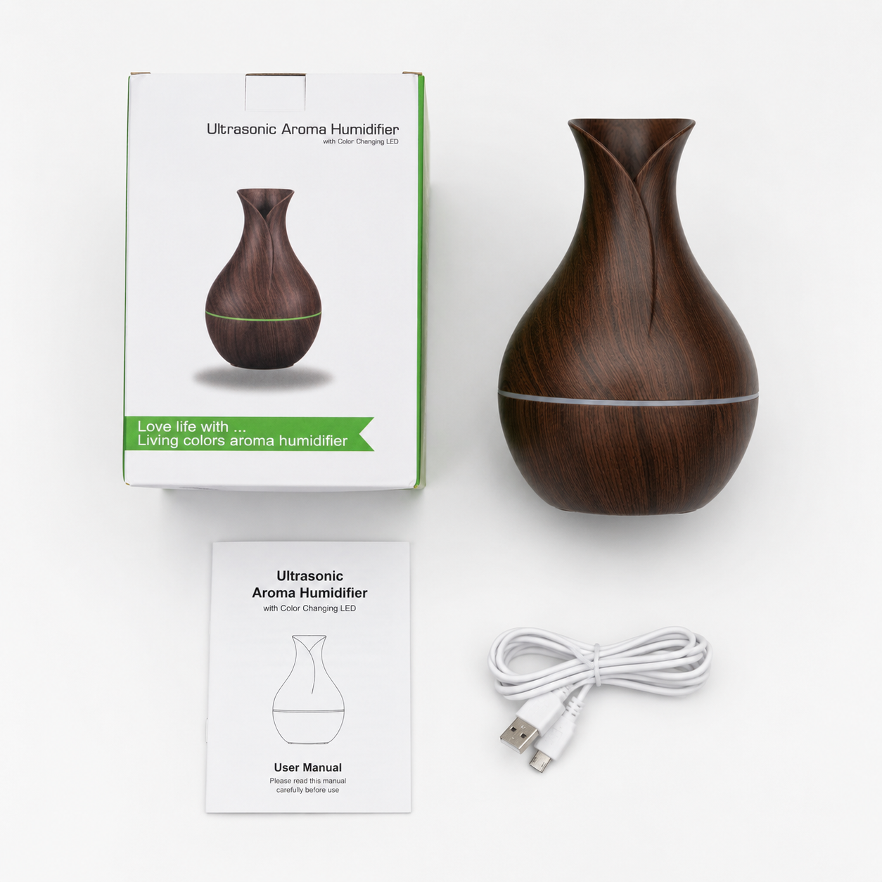 Ultrasonic aroma humidifier package contents including wood-grain humidifier, retail box, USB power cable, and user manual