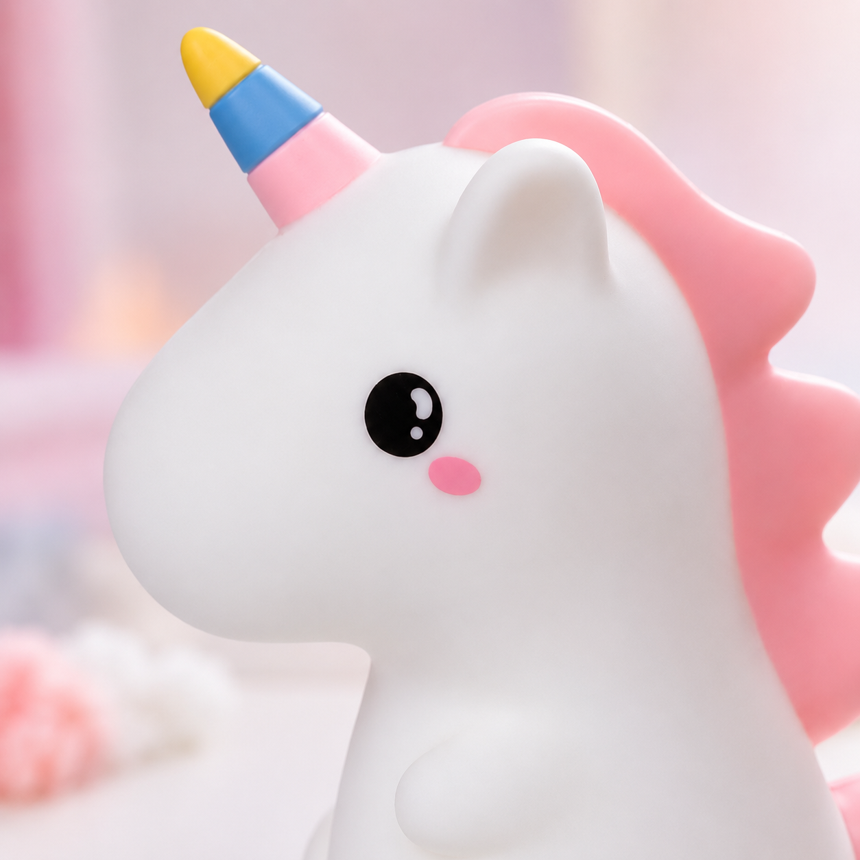 Detailed close-up of cute unicorn LED night light design with soft silicone body and colourful horn