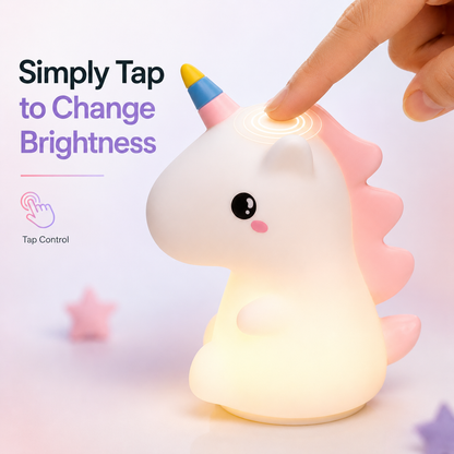 Unicorn silicone night lamp glowing with warm light and tap control brightness adjustment feature