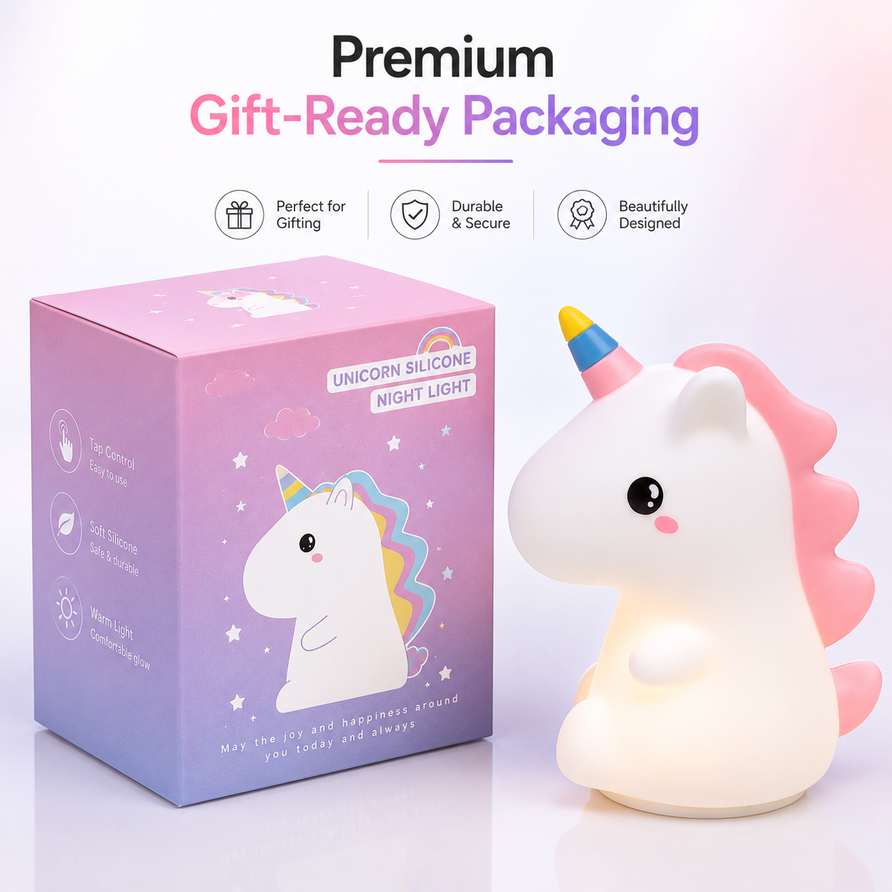 Premium unicorn silicone night light with gift-ready packaging and warm LED glow for kids bedroom