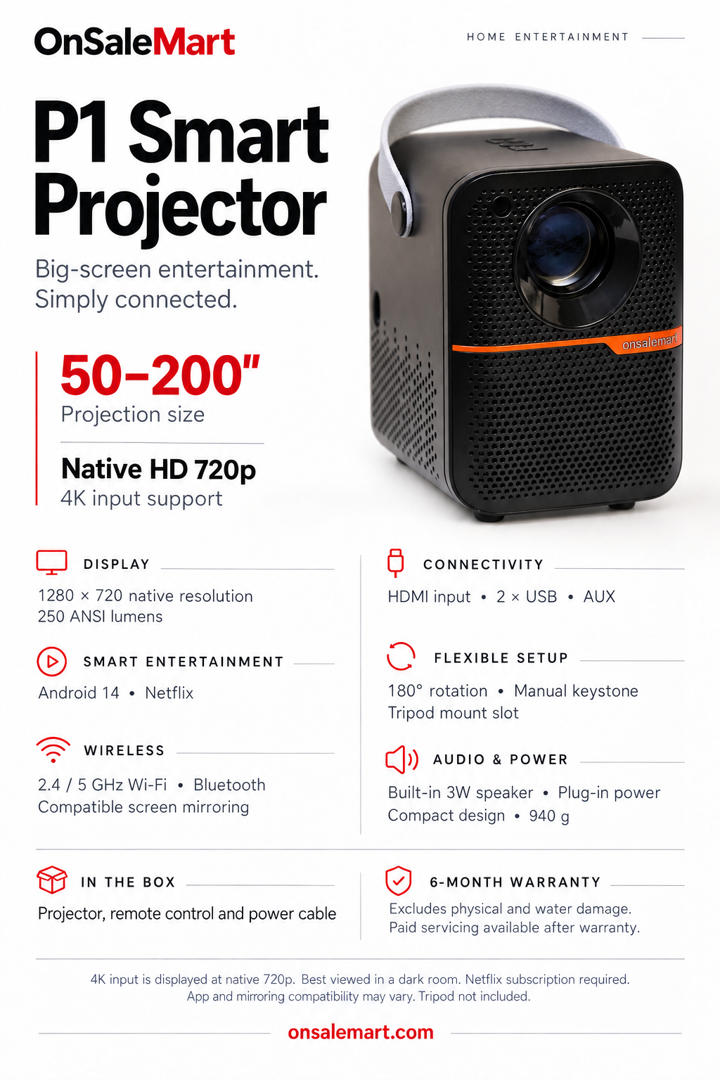 OnSaleMart P1 Smart Projector - 4K Support & Android