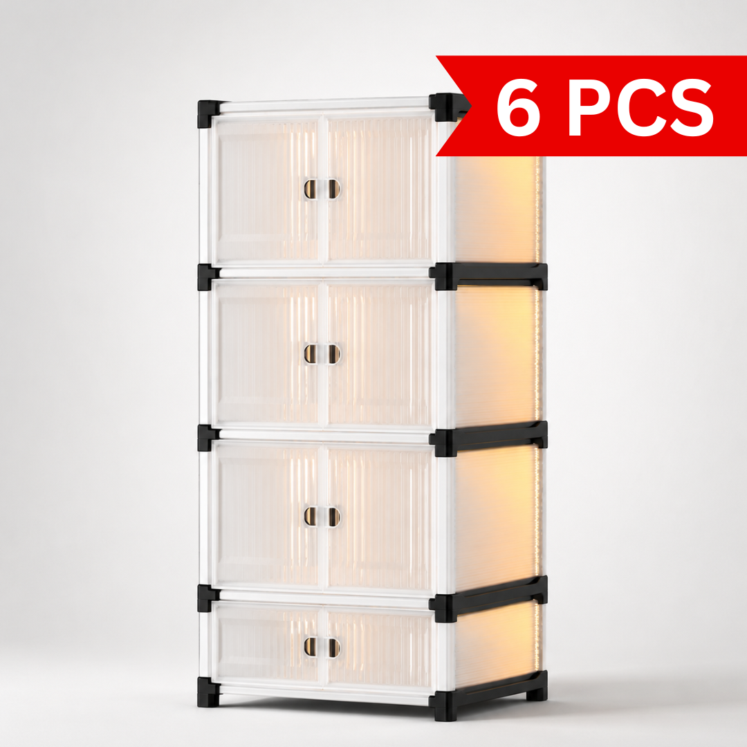 Urban Multi-Tier Storage Organizer 4-tier modular storage cabinet with frosted transparent doors, black reinforced frame connectors, stackable vertical design, and compact space-saving storage solution for modern homes.