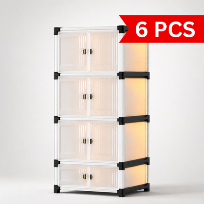 Urban Multi-Tier Storage Organizer 4-tier modular storage cabinet with frosted transparent doors, black reinforced frame connectors, stackable vertical design, and compact space-saving storage solution for modern homes.