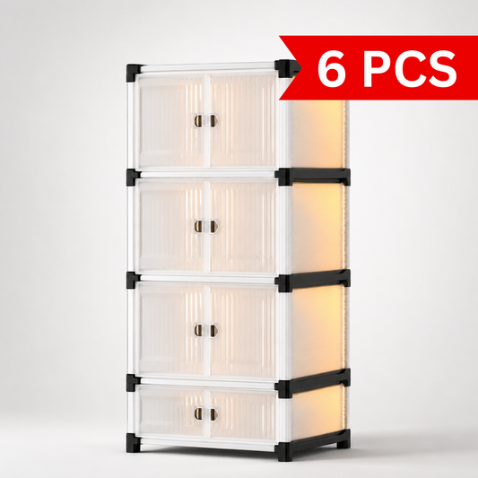 Urban Multi-Tier Storage Organizer 4-tier modular storage cabinet with frosted transparent doors, black reinforced frame connectors, stackable vertical design, and compact space-saving storage solution for modern homes.