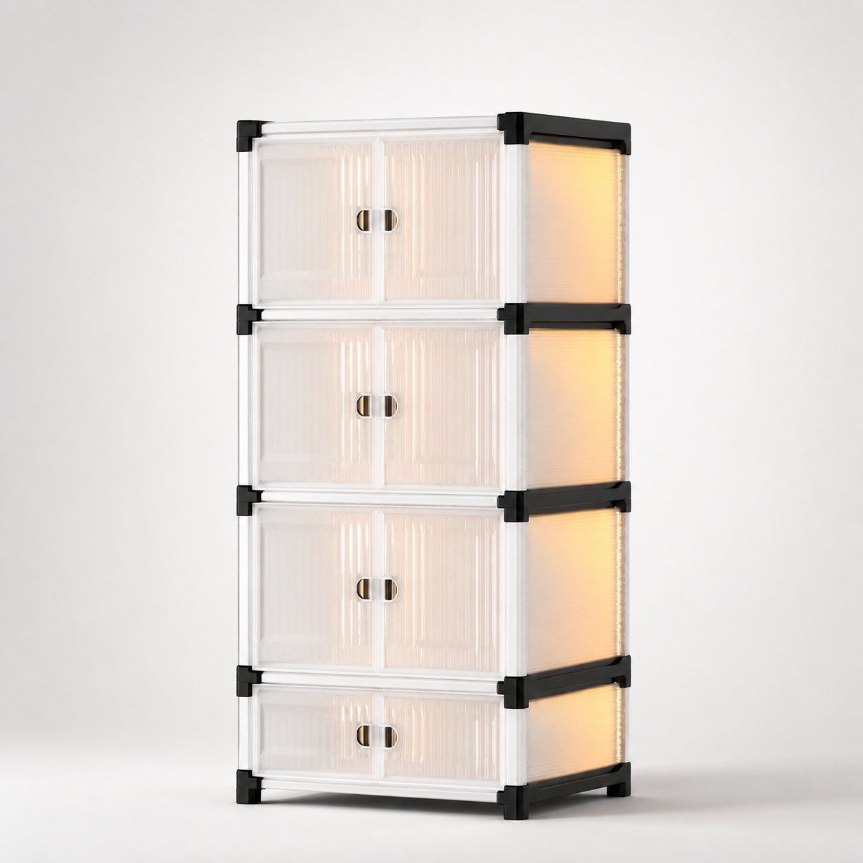 Urban Multi-Tier Storage Organizer 4-tier modular storage cabinet with frosted transparent doors, black reinforced frame connectors, stackable vertical design, and compact space-saving storage solution for modern homes.