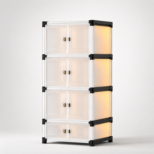 Urban Multi-Tier Storage Organizer 4-tier modular storage cabinet with frosted transparent doors, black reinforced frame connectors, stackable vertical design, and compact space-saving storage solution for modern homes.