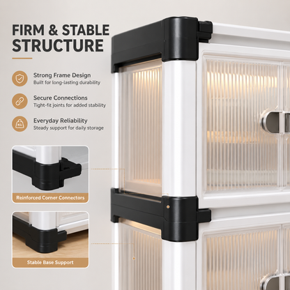 Urban Multi-Tier Storage Organizer featuring reinforced corner connectors, sturdy frame construction, secure interlocking joints, stable base support, frosted transparent panels, and durable modular storage cabinet design for home organization.