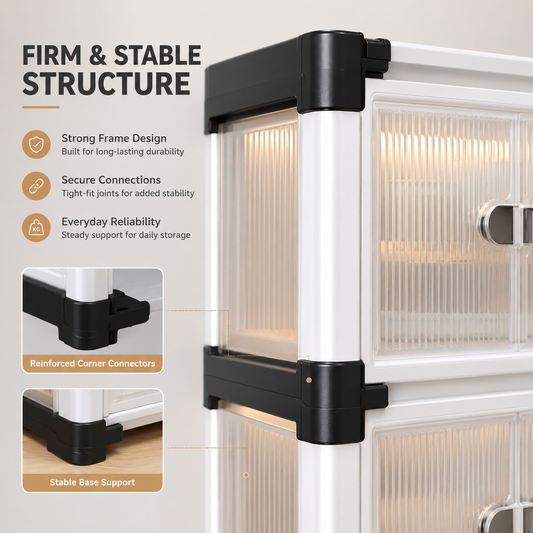 Urban Multi-Tier Storage Organizer featuring reinforced corner connectors, sturdy frame construction, secure interlocking joints, stable base support, frosted transparent panels, and durable modular storage cabinet design for home organization.