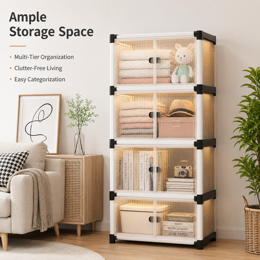 Urban Multi-Tier Storage Organizer with four spacious storage compartments holding folded clothes, books, storage boxes, and toys, modern space-saving cabinet for bedroom, living room, and home organization.