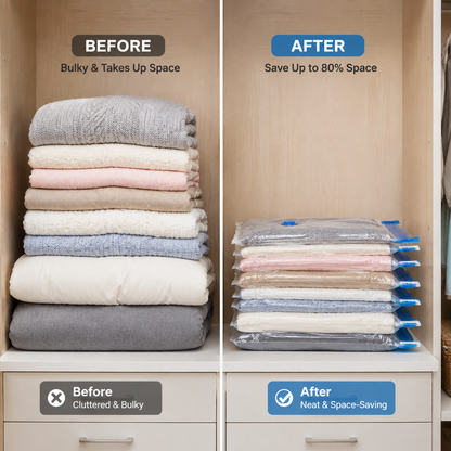 Before and after comparison of vacuum storage bags showing bulky blankets compressed into compact space saving storage packs.
