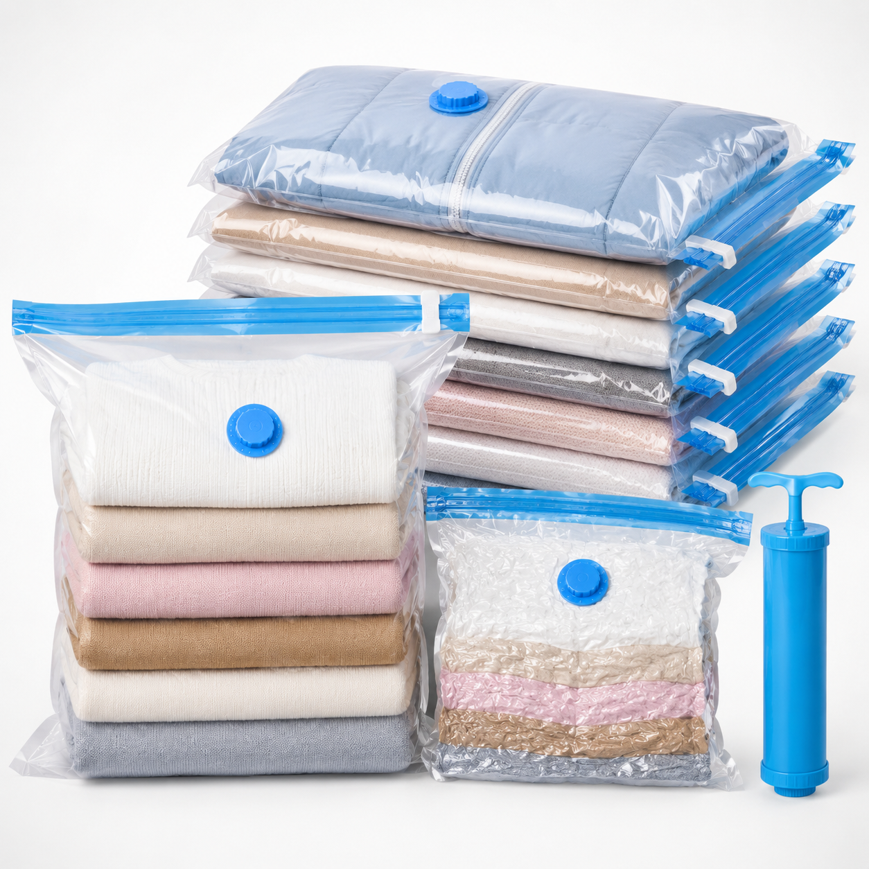 Reusable vacuum storage bags with hand pump filled with folded clothes and bedding showing compact space saving organisation.