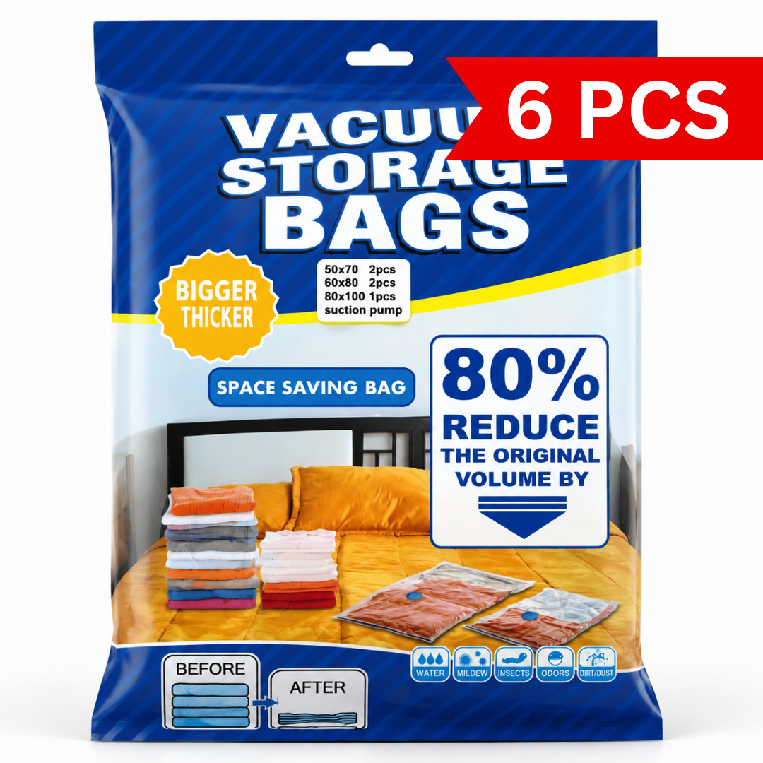 Vacuum storage bags with suction pump packaging showing reusable space saving compression bags for clothes and bedding