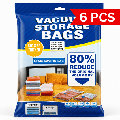 Vacuum storage bags with suction pump packaging showing reusable space saving compression bags for clothes and bedding