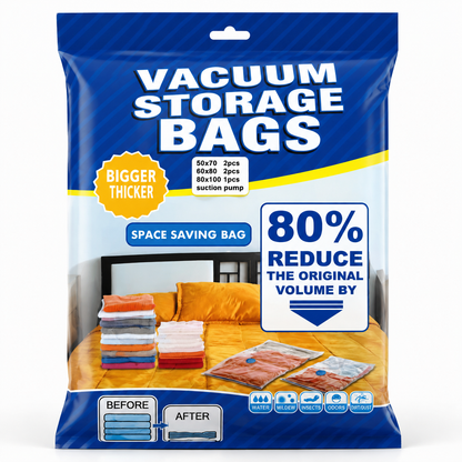 Vacuum storage bags with suction pump packaging showing reusable space saving compression bags for clothes and bedding.
