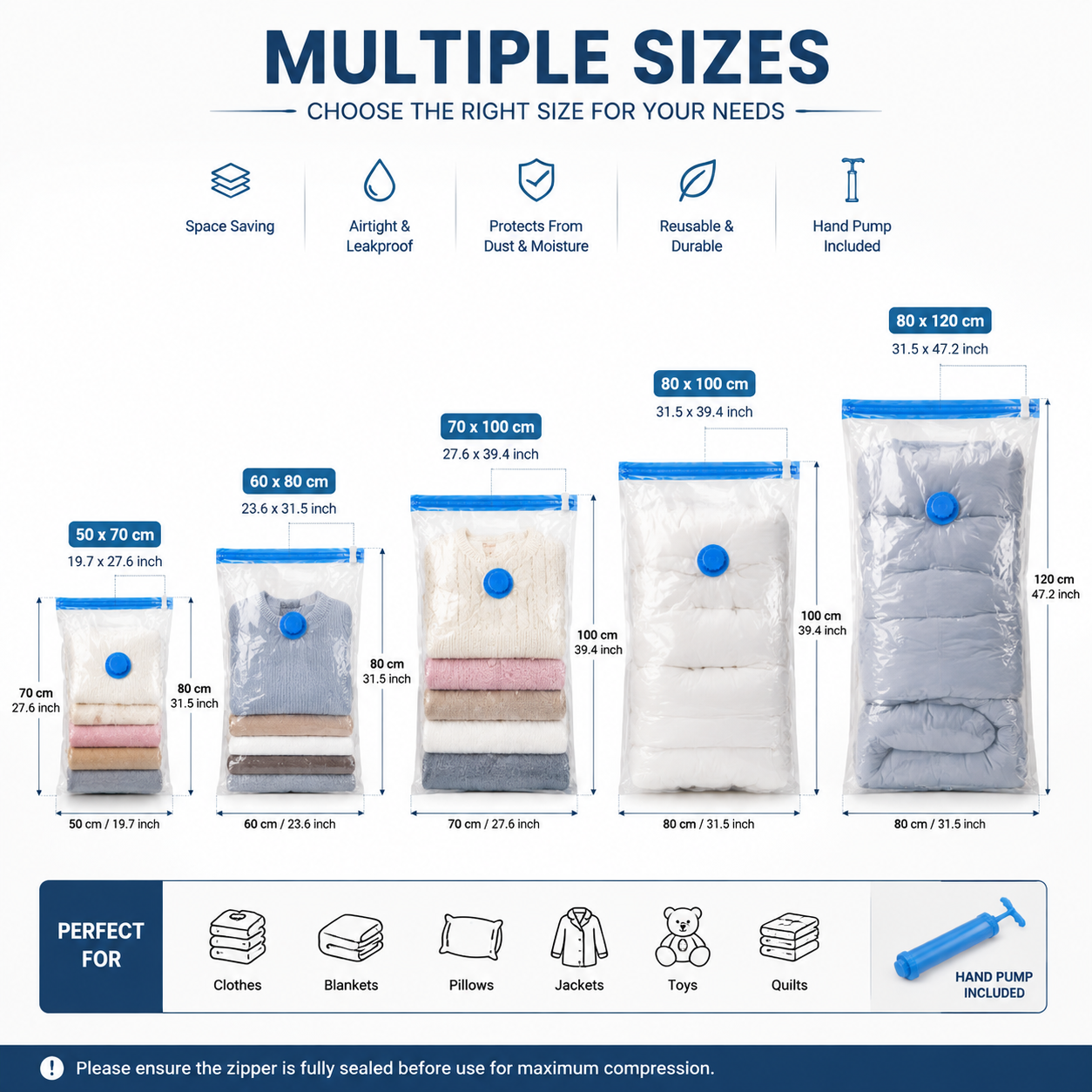 Vacuum storage bags set with multiple sizes including 50x70cm, 60x80cm, 70x100cm, 80x100cm and 80x120cm with hand pump included for space saving storage.
