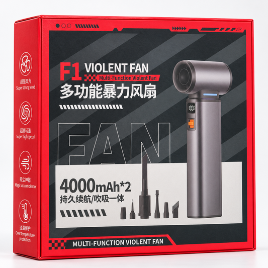 Product box for a rechargeable multi-function air duster and vacuum cleaner.