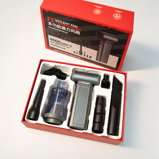 Rechargeable air duster and vacuum cleaner set with accessories displayed inside the box.