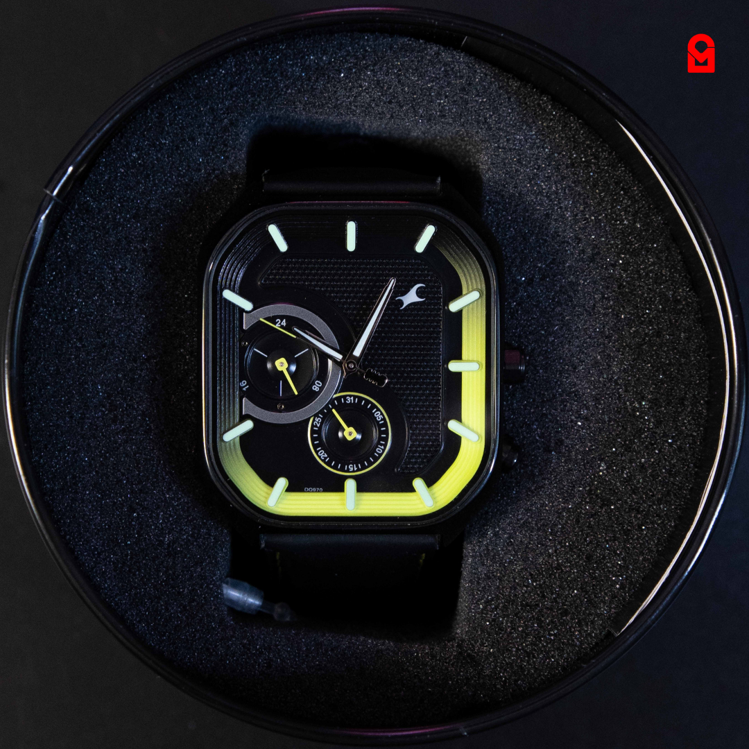 Vector Black Edition Watch square black dial with neon green accents and dual sub-dials in premium presentation box.
