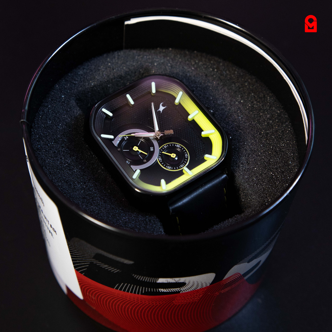 Vector Black Edition Watch modern square case black sport watch with luminous markers and neon green detail.