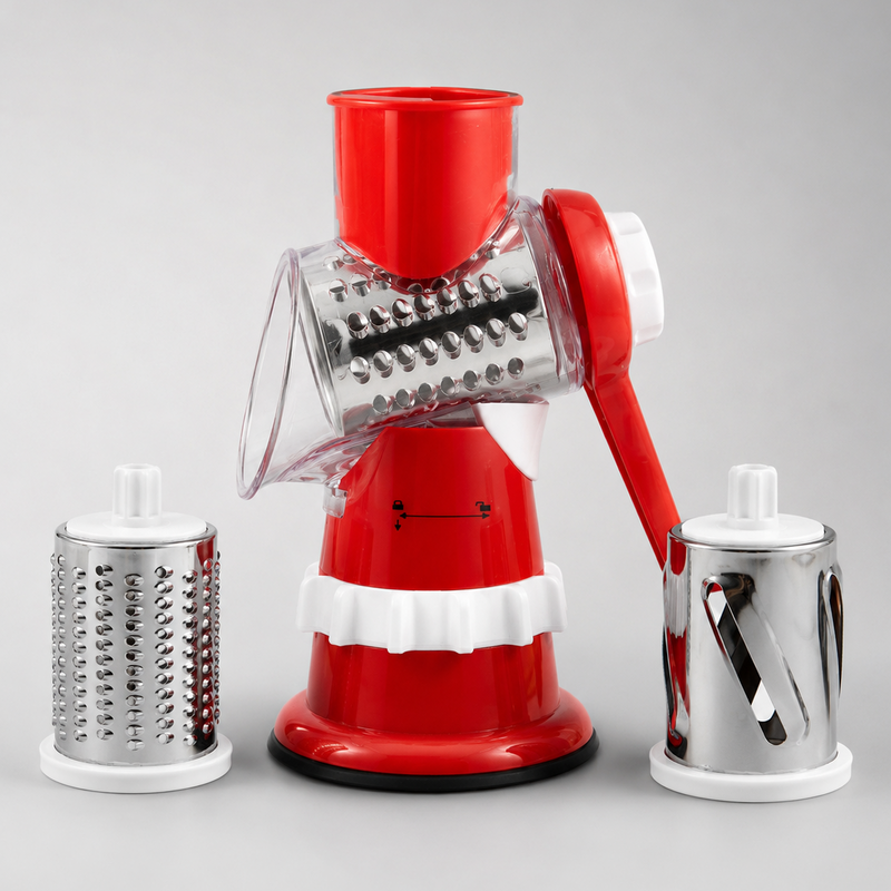 3 in 1 Manual Vegetable Slicer & Shredder studio product image with stainless steel cutting drums on clean grey background for ecommerce display