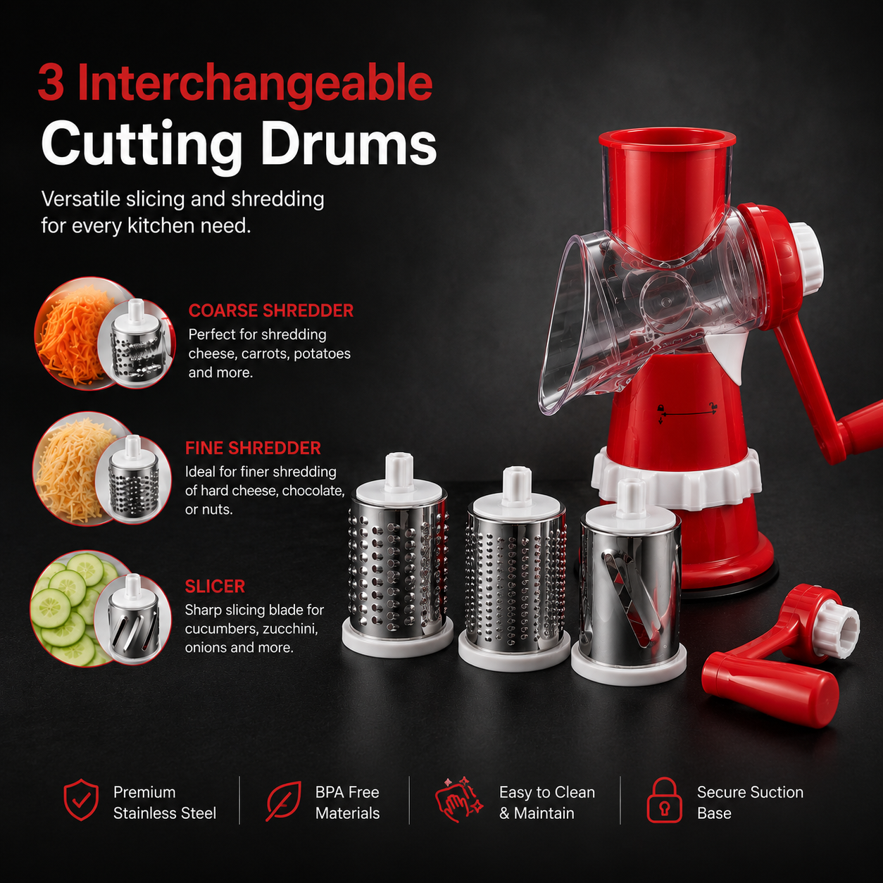 3 in 1 Manual Vegetable Slicer & Shredder with interchangeable cutting drums for slicing, coarse shredding and fine grating vegetables and cheese