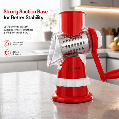 Manual Vegetable Slicer & Shredder with strong suction base securely attached to countertop for stable and safe food preparation