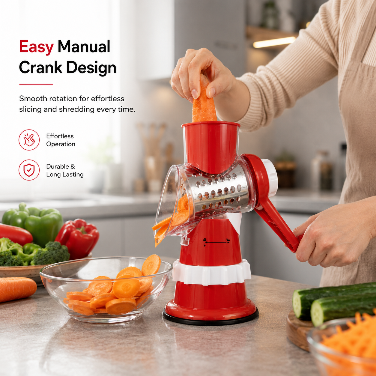 Manual Vegetable Slicer & Shredder easy crank handle lifestyle image showing smooth manual slicing of carrots in modern kitchen setup