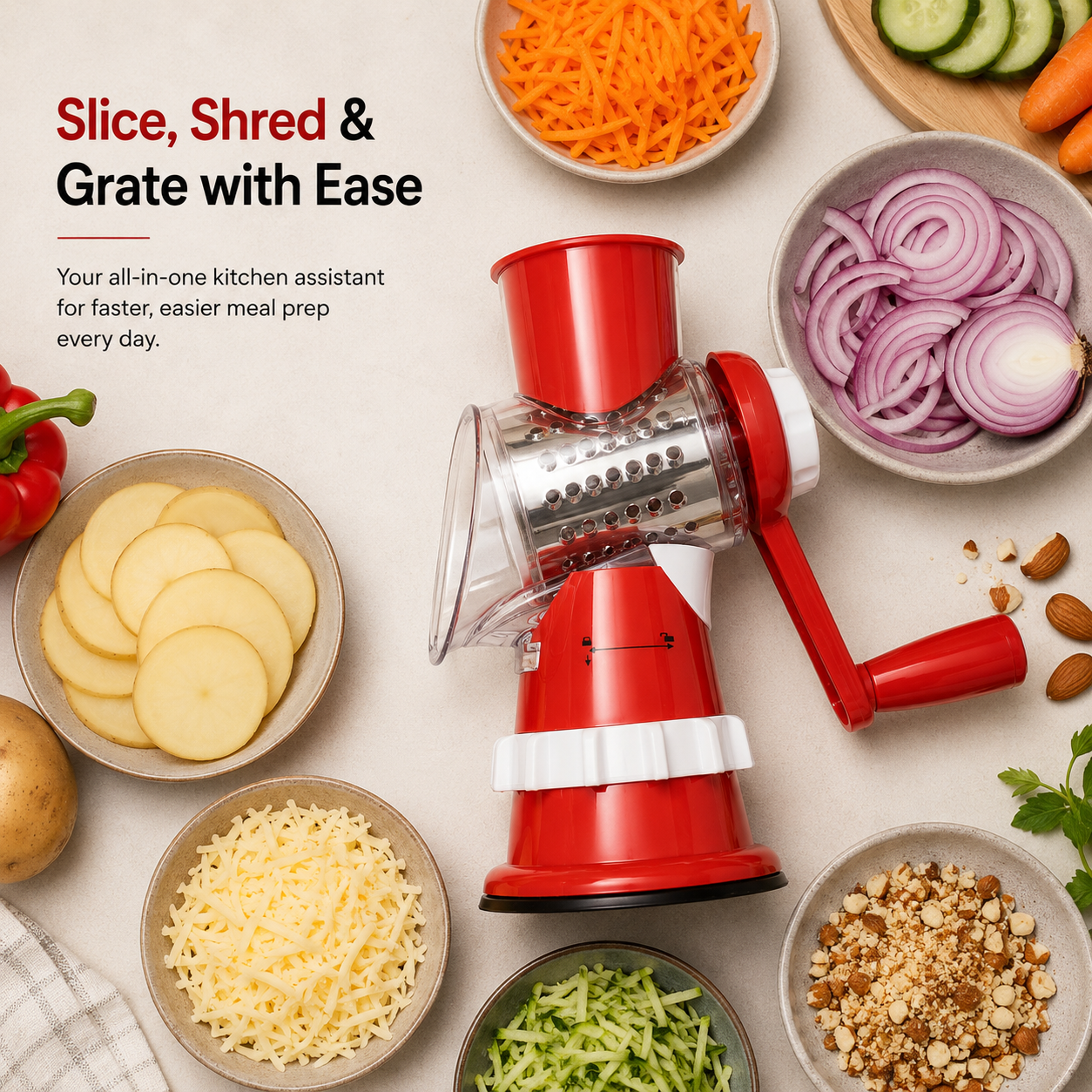 3 in 1 Manual Vegetable Slicer & Shredder flat lay kitchen image with sliced potato, shredded cheese, cucumber, onion, carrots and nuts for multipurpose food prep