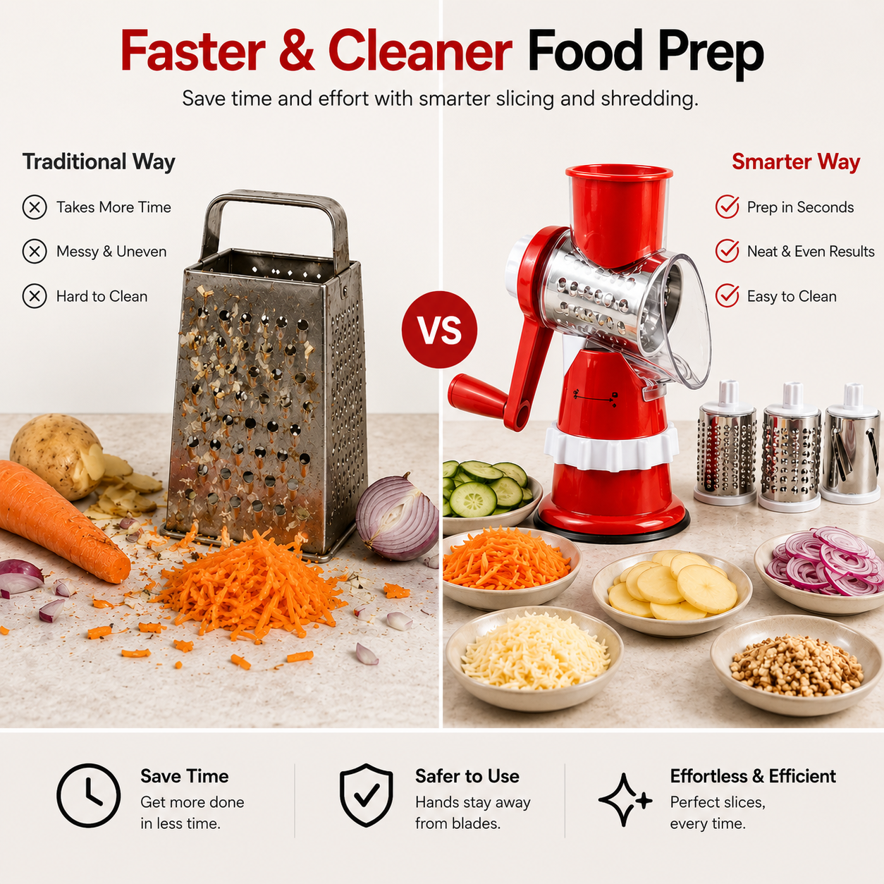 Manual Vegetable Slicer & Shredder comparison image showing faster and cleaner food prep vs traditional grater with sliced vegetables and interchangeable drum blades