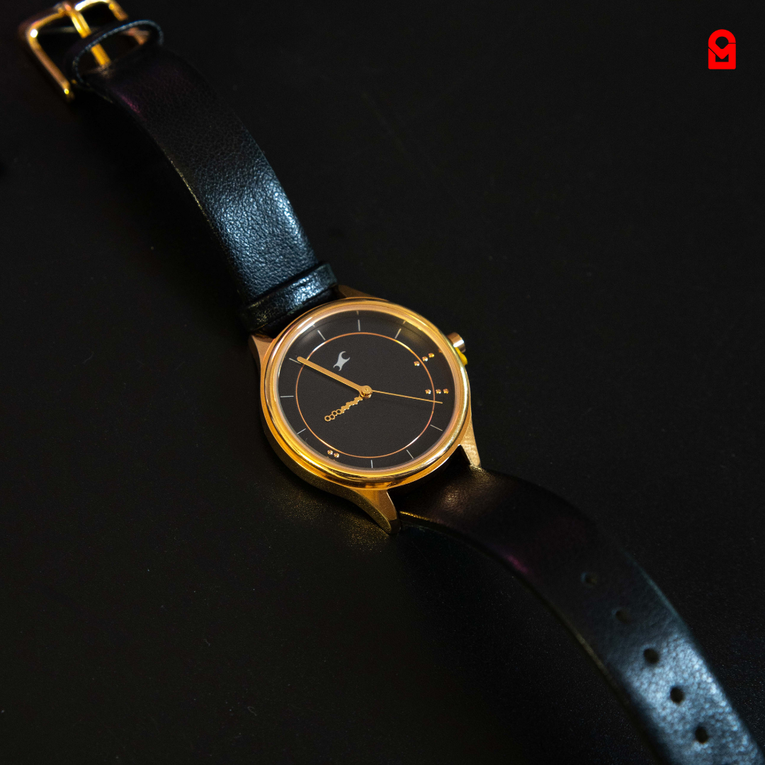 Velor Black & Gold Watch with black dial, gold case and black leather strap luxury minimalist design.