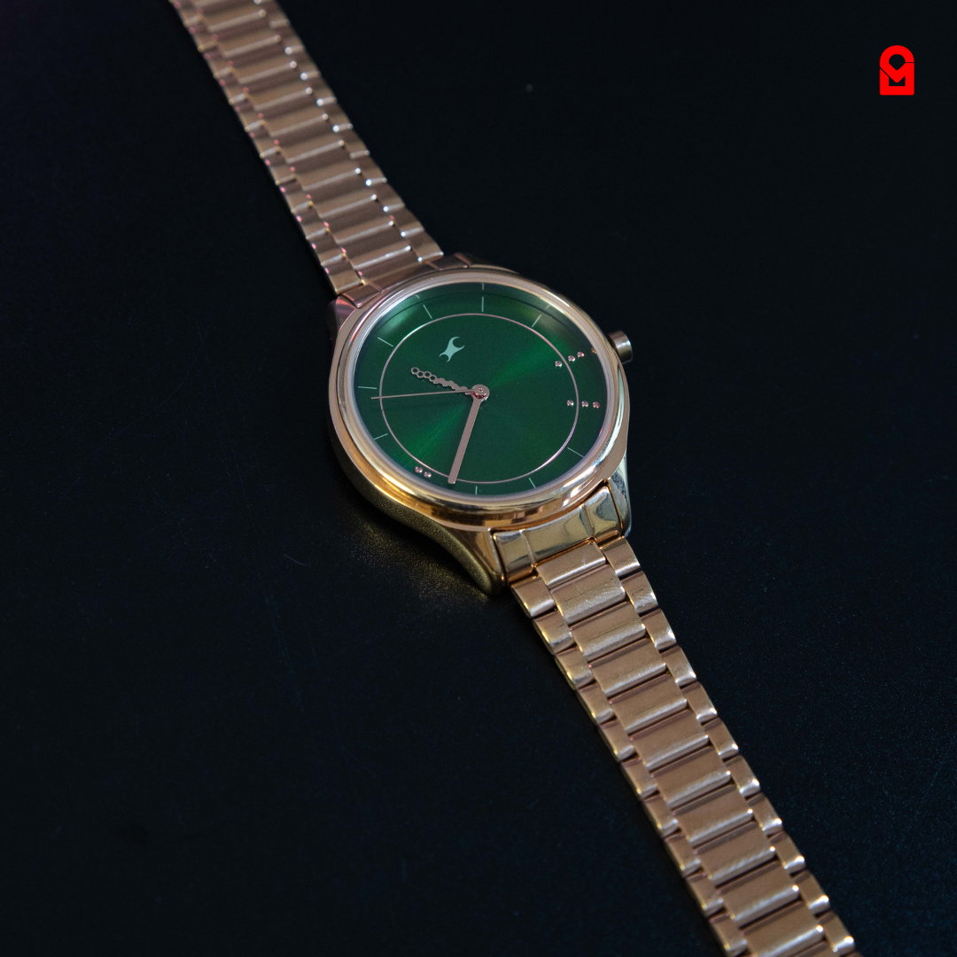 Verona Green Gold Watch round green dial gold case and bracelet elegant minimalist timepiece.