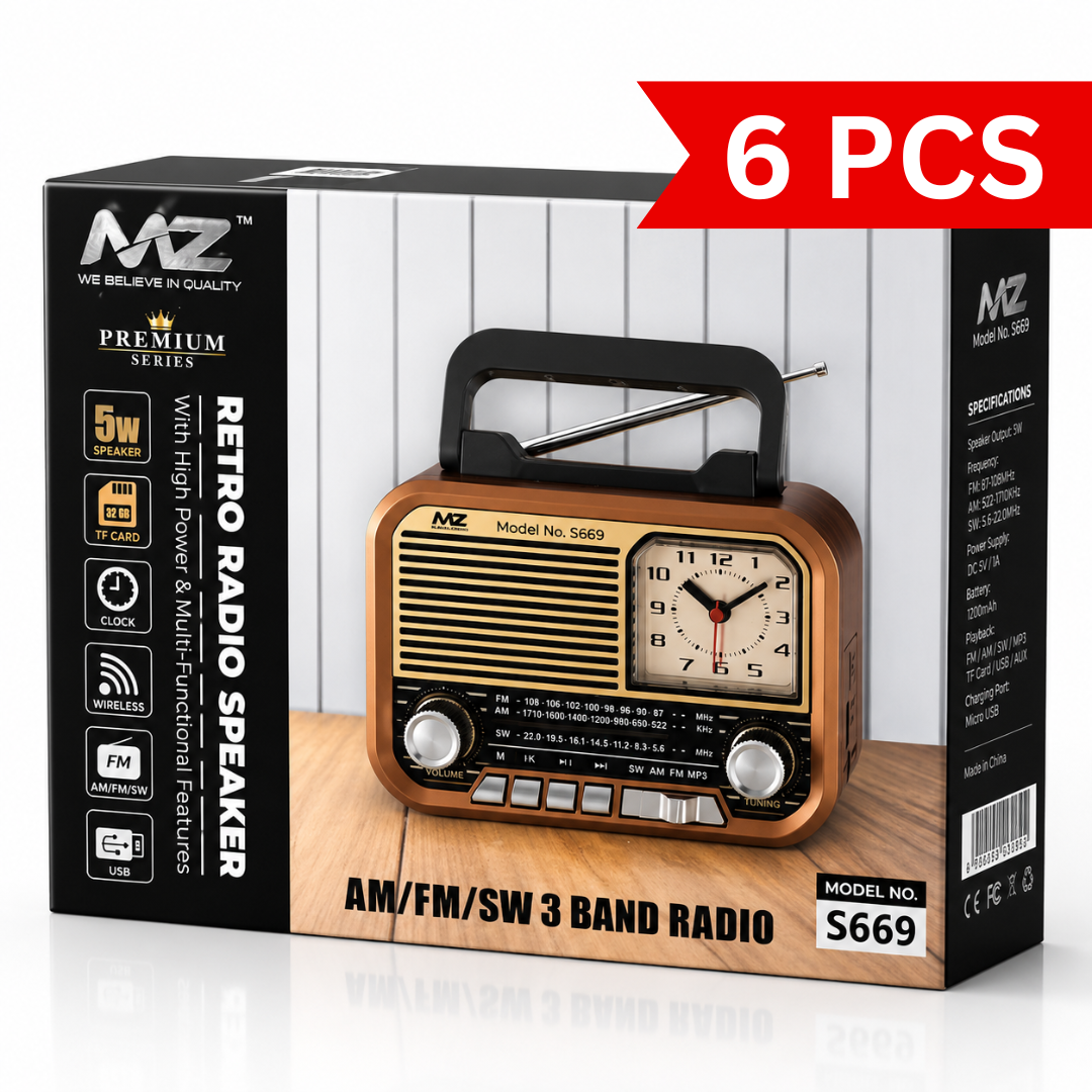 Premium retail packaging for a portable retro Bluetooth radio speaker featuring a vintage-inspired design with AM/FM/SW radio, 5W speaker, USB playback, TF card support, built-in analog clock, wireless connectivity, and rechargeable functionality.