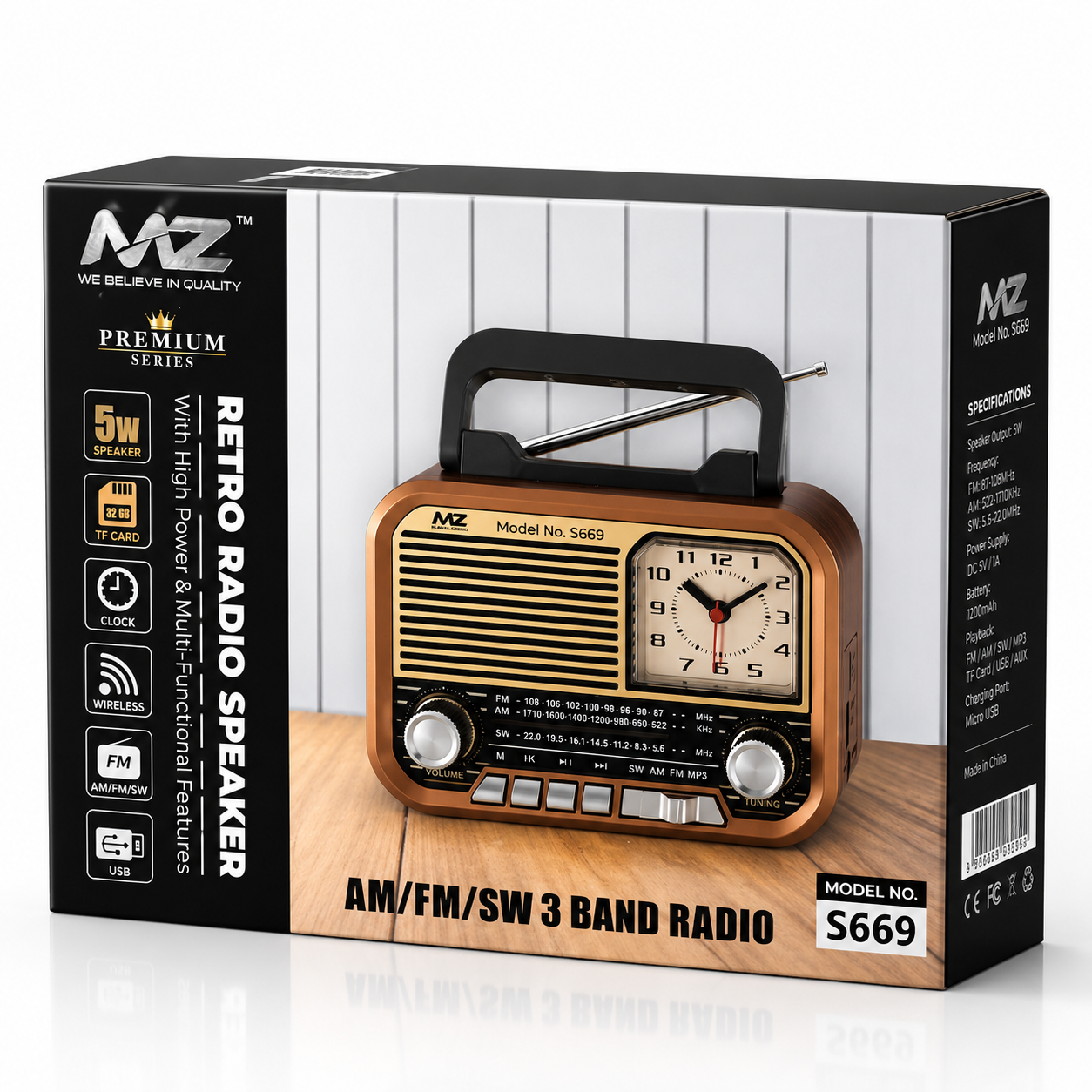 Premium retail packaging for a portable retro Bluetooth radio speaker featuring a vintage-inspired design with AM/FM/SW radio, 5W speaker, USB playback, TF card support, built-in analog clock, wireless connectivity, and rechargeable functionality.
