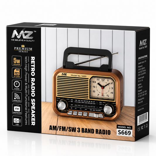 Premium retail packaging for a portable retro Bluetooth radio speaker featuring a vintage-inspired design with AM/FM/SW radio, 5W speaker, USB playback, TF card support, built-in analog clock, wireless connectivity, and rechargeable functionality.
