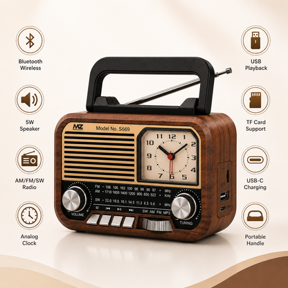 Premium retail packaging for a portable retro Bluetooth radio speaker featuring a vintage-inspired design with AM/FM/SW radio, 5W speaker, USB playback, TF card support, built-in analog clock, wireless connectivity, and rechargeable functionality.