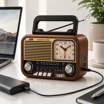 Retro portable Bluetooth radio speaker with an analog clock charging via USB on a modern office desk beside a laptop, notebook, coffee cup, power bank, and indoor plant, showcasing convenient everyday use at home or work.