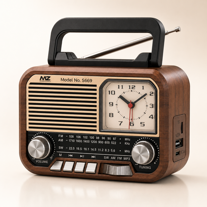 Studio product photo of a portable retro Bluetooth radio speaker with a wood-grain finish, built-in analog clock, telescopic antenna, front tuning controls, USB charging port, TF card slot, and integrated carry handle
