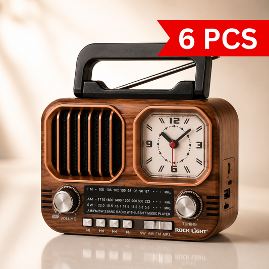 Premium studio photograph of a portable retro Bluetooth radio featuring a wood-grain finish, built-in analog clock, 15W speaker, telescopic antenna, manual tuning and volume knobs, USB charging, TF card support, and a classic vintage-inspired design
