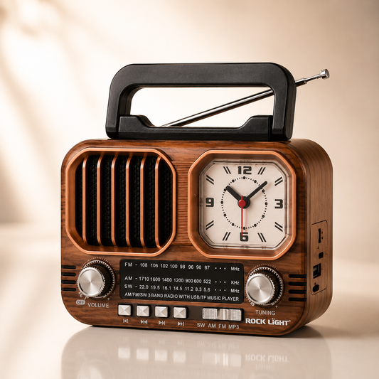 Premium studio photograph of a portable retro Bluetooth radio featuring a wood-grain finish, built-in analog clock, 15W speaker, telescopic antenna, manual tuning and volume knobs, USB charging, TF card support, and a classic vintage-inspired design